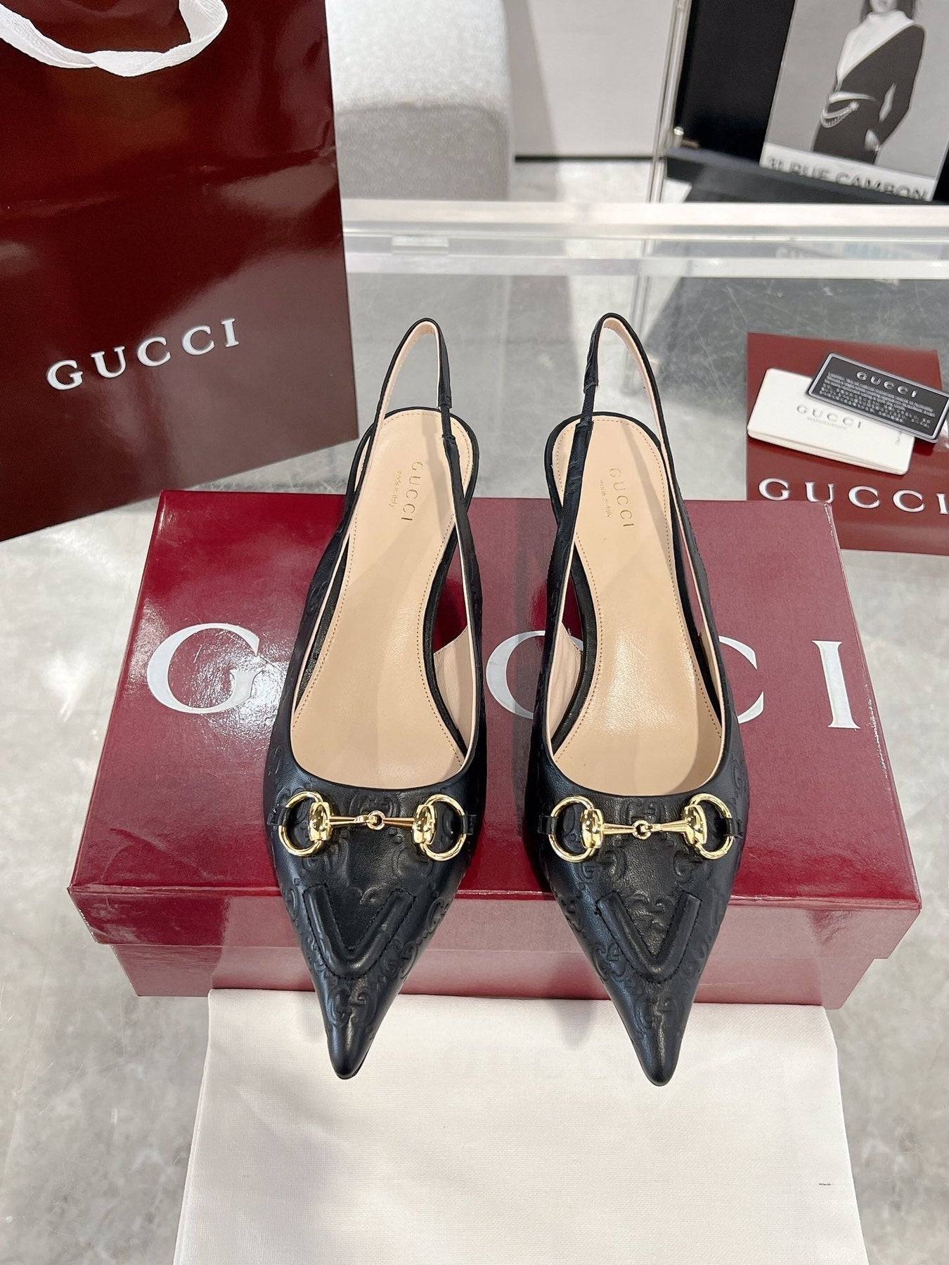 GG MID-HIGH SLINGBACK 4.5 CM IN BLACK GLOSSY EMBOSSED SUEDE AND SHEEPSKIN LINING