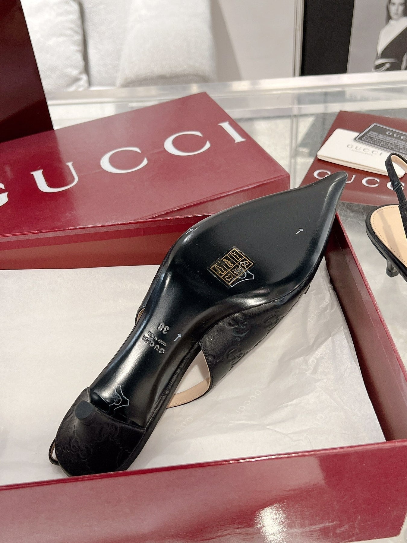 GG MID-HIGH SLINGBACK 4.5 CM IN BLACK GLOSSY EMBOSSED SUEDE AND SHEEPSKIN LINING