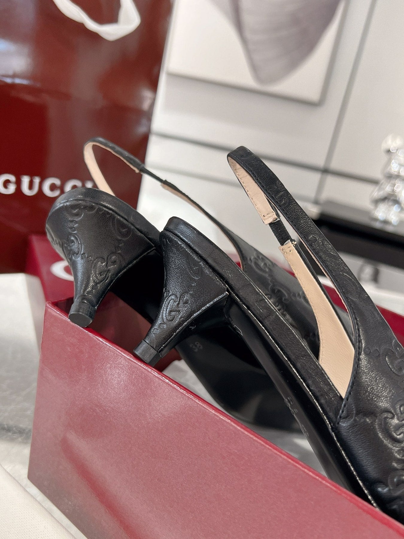 GG MID-HIGH SLINGBACK 4.5 CM IN BLACK GLOSSY EMBOSSED SUEDE AND SHEEPSKIN LINING