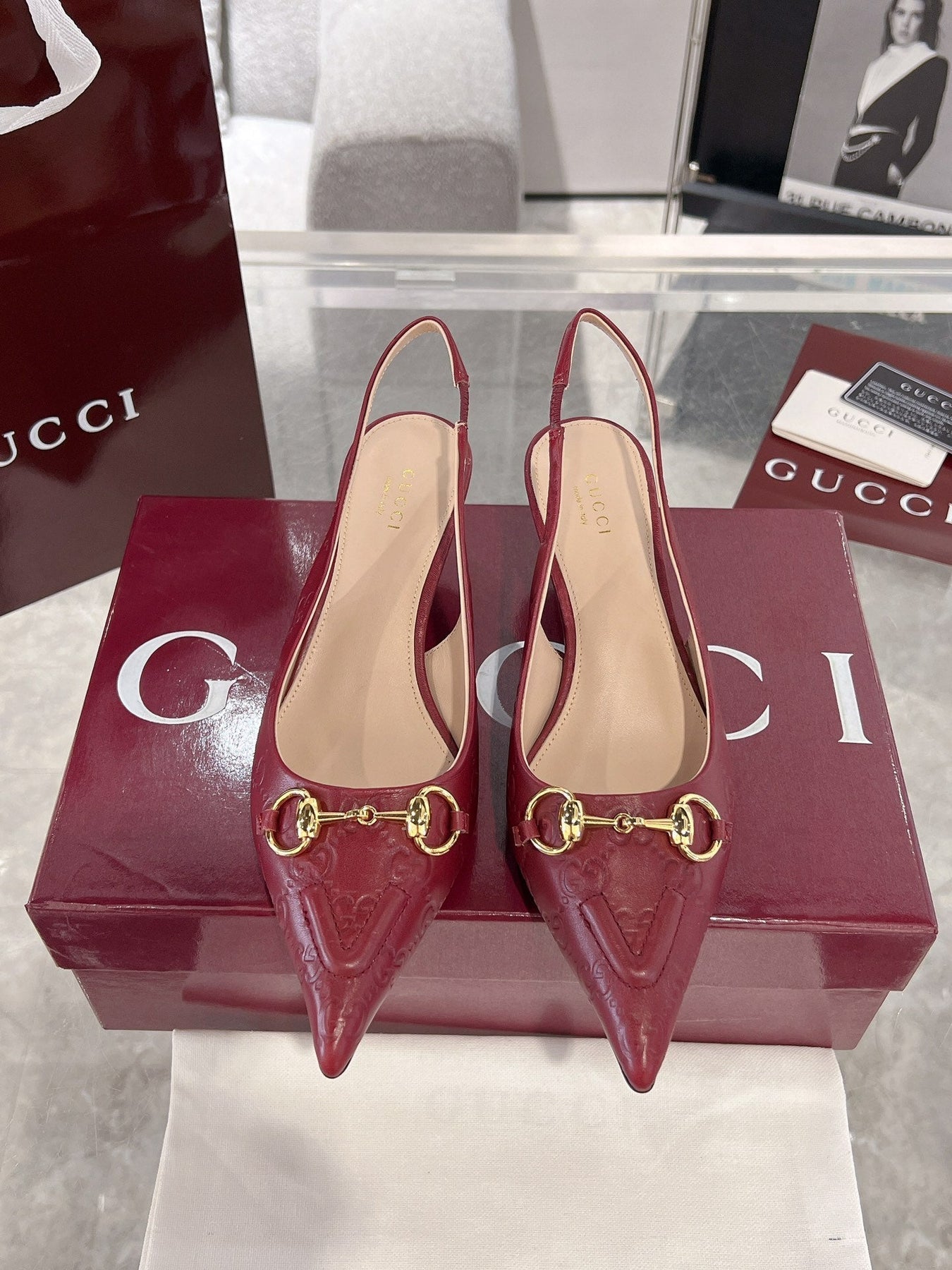 GG MID-HIGH SLINGBACK 4.5 CM IN WINE RED GLOSSY EMBOSSED SUEDE AND SHEEPSKIN LINING