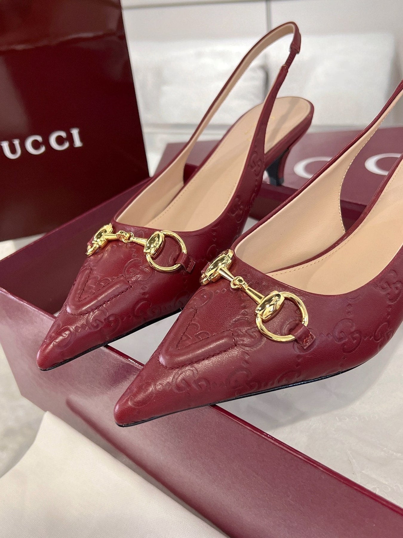 GG MID-HIGH SLINGBACK 4.5 CM IN WINE RED GLOSSY EMBOSSED SUEDE AND SHEEPSKIN LINING