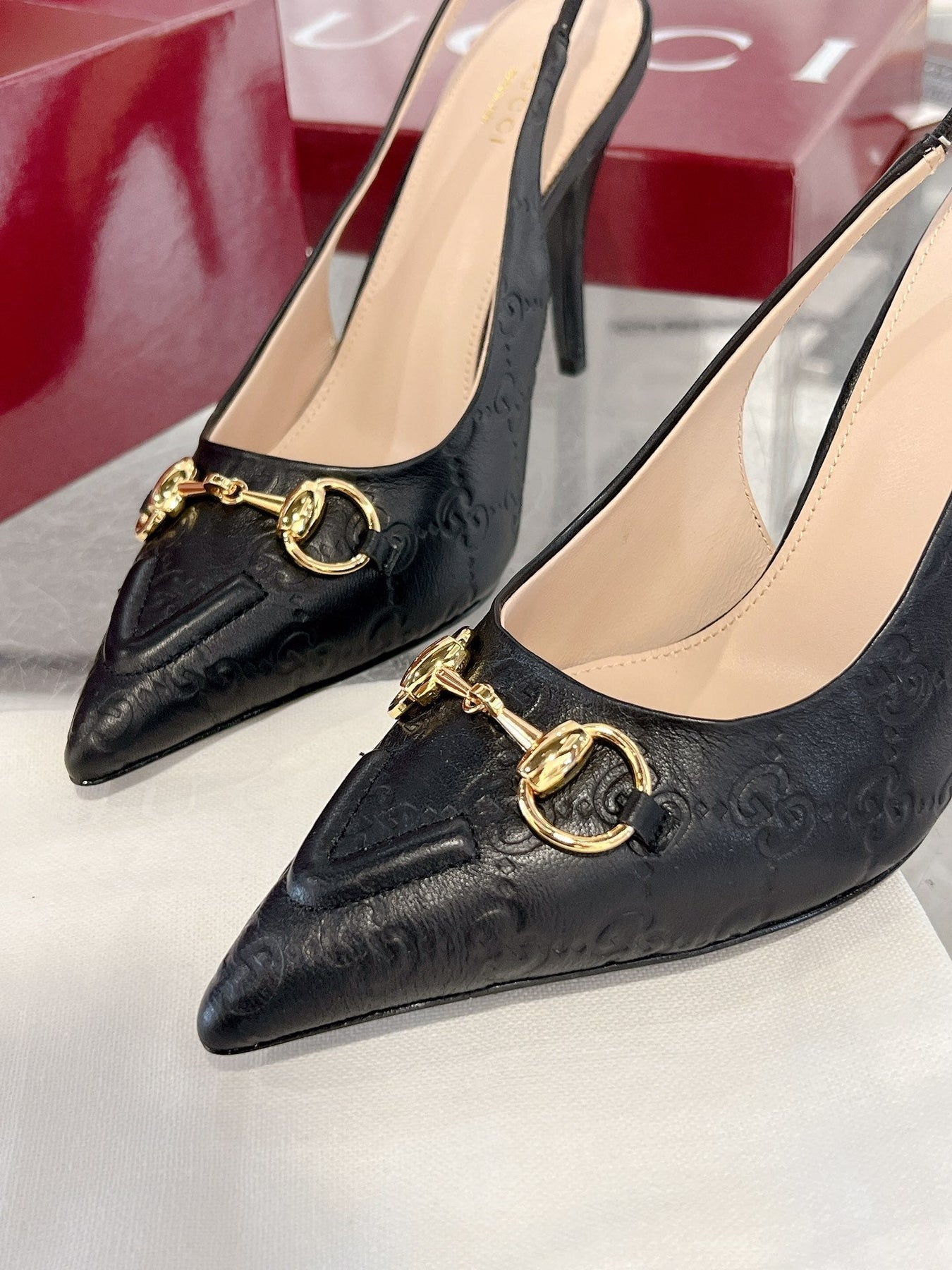 GG HIGH SLINGBACK 10.5 CM IN BLACK GLOSSY EMBOSSED SUEDE AND SHEEPSKIN LINING