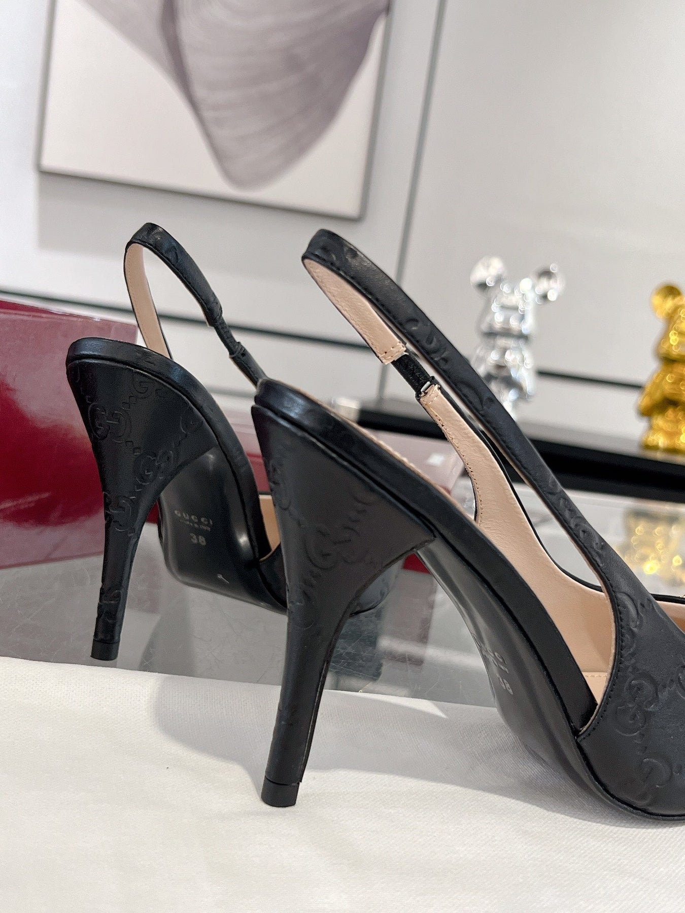 GG HIGH SLINGBACK 10.5 CM IN BLACK GLOSSY EMBOSSED SUEDE AND SHEEPSKIN LINING