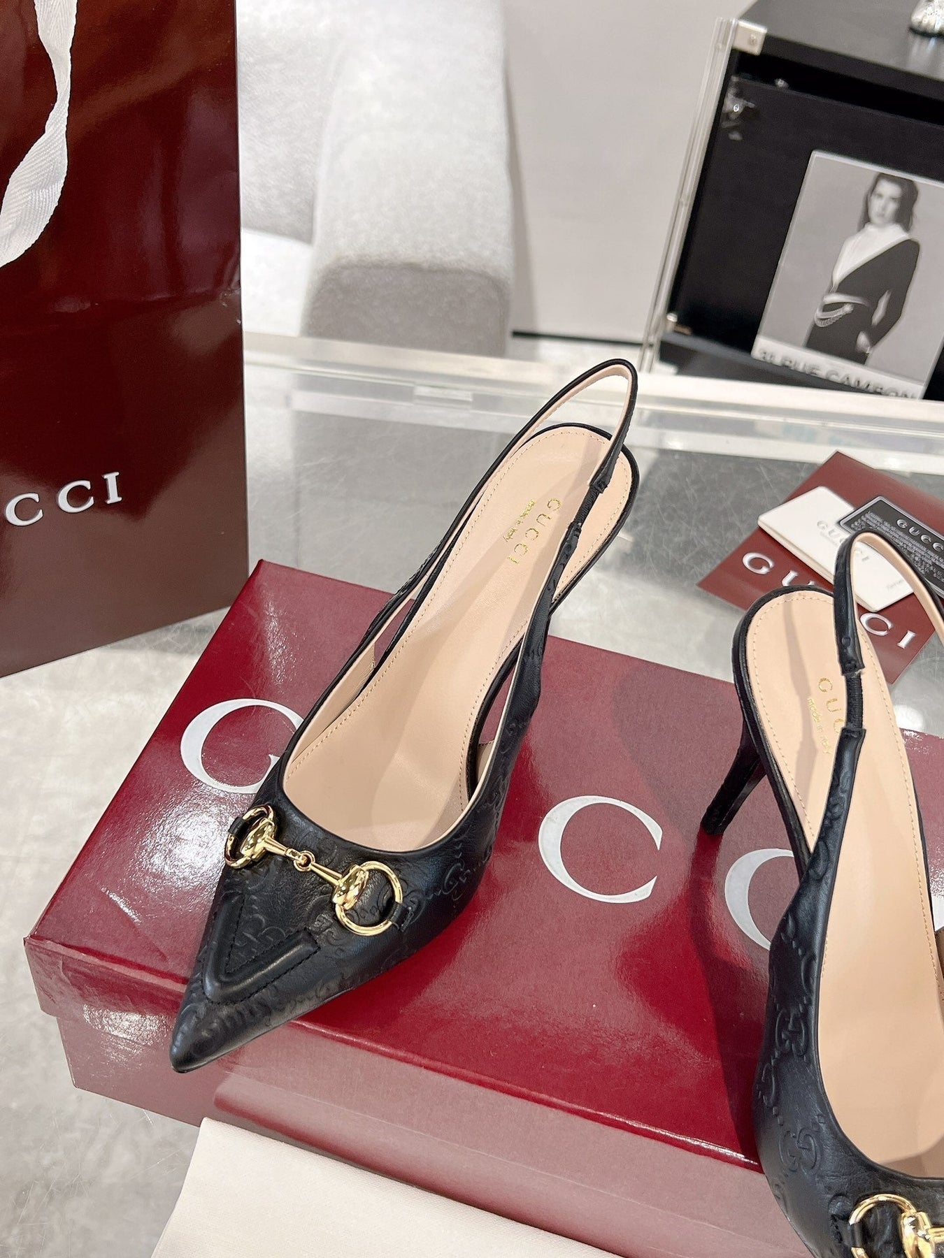 GG HIGH SLINGBACK 10.5 CM IN BLACK GLOSSY EMBOSSED SUEDE AND SHEEPSKIN LINING