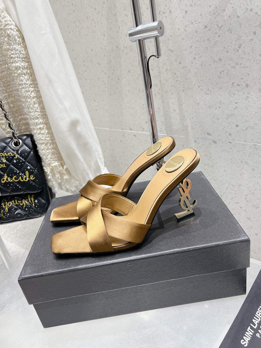 OPYUM HIGH MULES 85 MM IN METALLIC GOLD SATIN CREPE