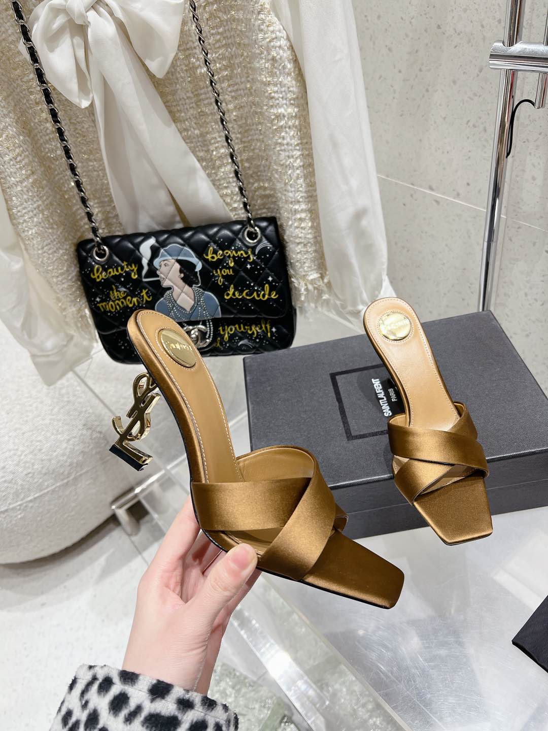 OPYUM HIGH MULES 85 MM IN METALLIC GOLD SATIN CREPE