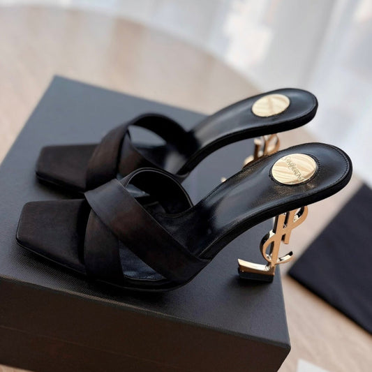 OPYUM OPEN TOE HIGH 10 CM MULES IN BLACK CALFSKIN