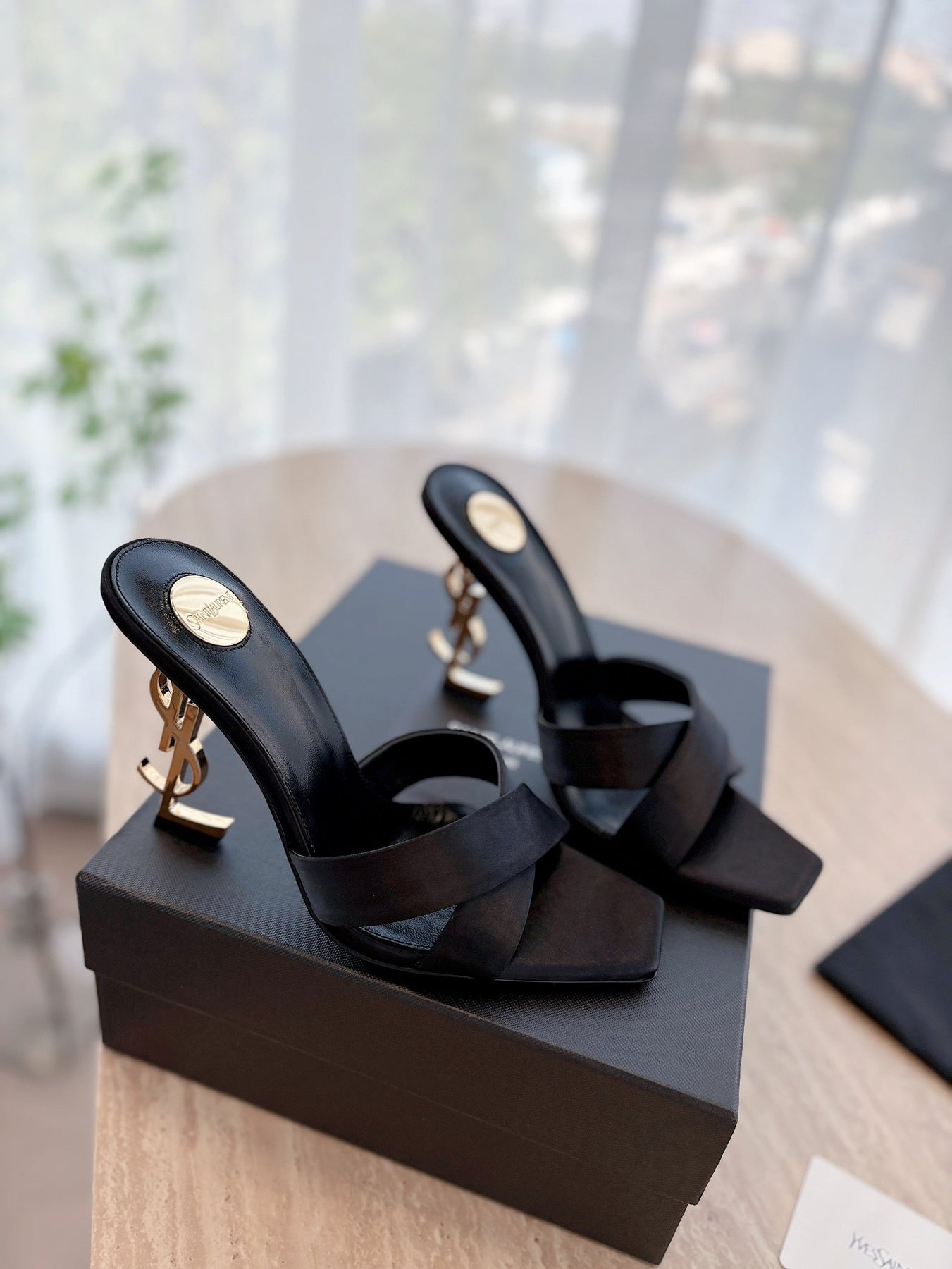 OPYUM OPEN TOE HIGH 10 CM MULES IN BLACK CALFSKIN