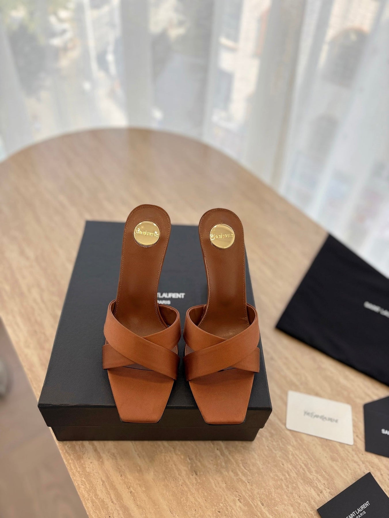 OPYUM OPEN TOE HIGH 10 CM MULES IN BRONZE BROWN CALFSKIN