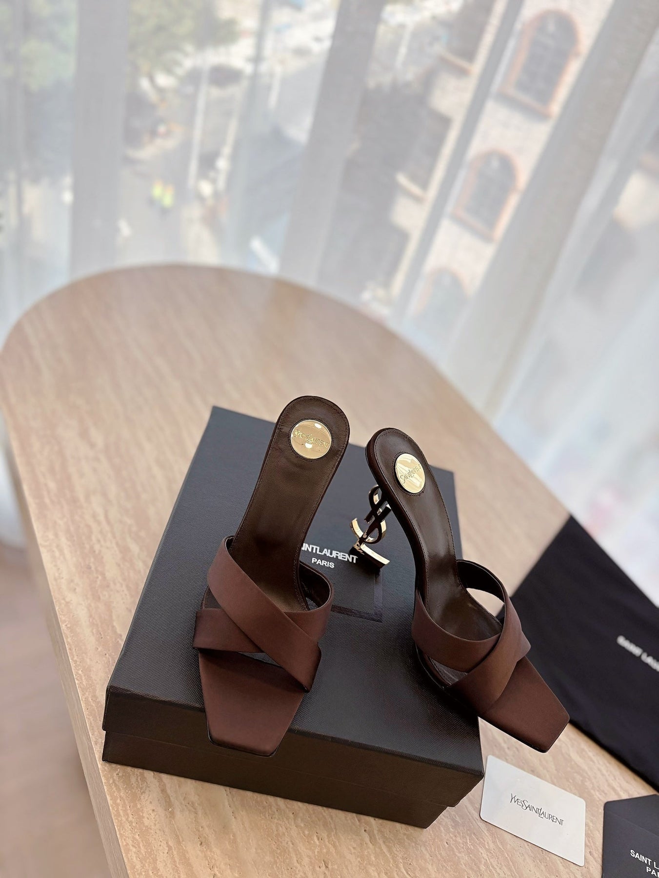 OPYUM OPEN TOE HIGH 10 CM MULES IN CHOCOLATE BROWN CALFSKIN