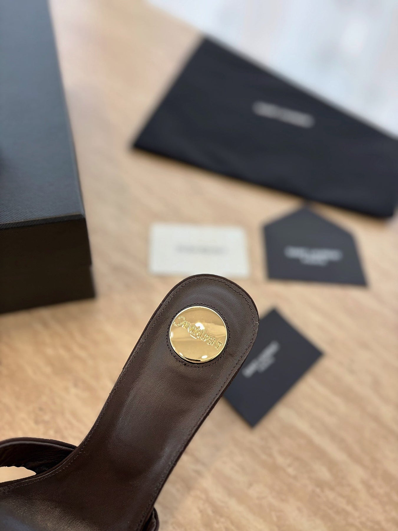 OPYUM OPEN TOE HIGH 10 CM MULES IN CHOCOLATE BROWN CALFSKIN