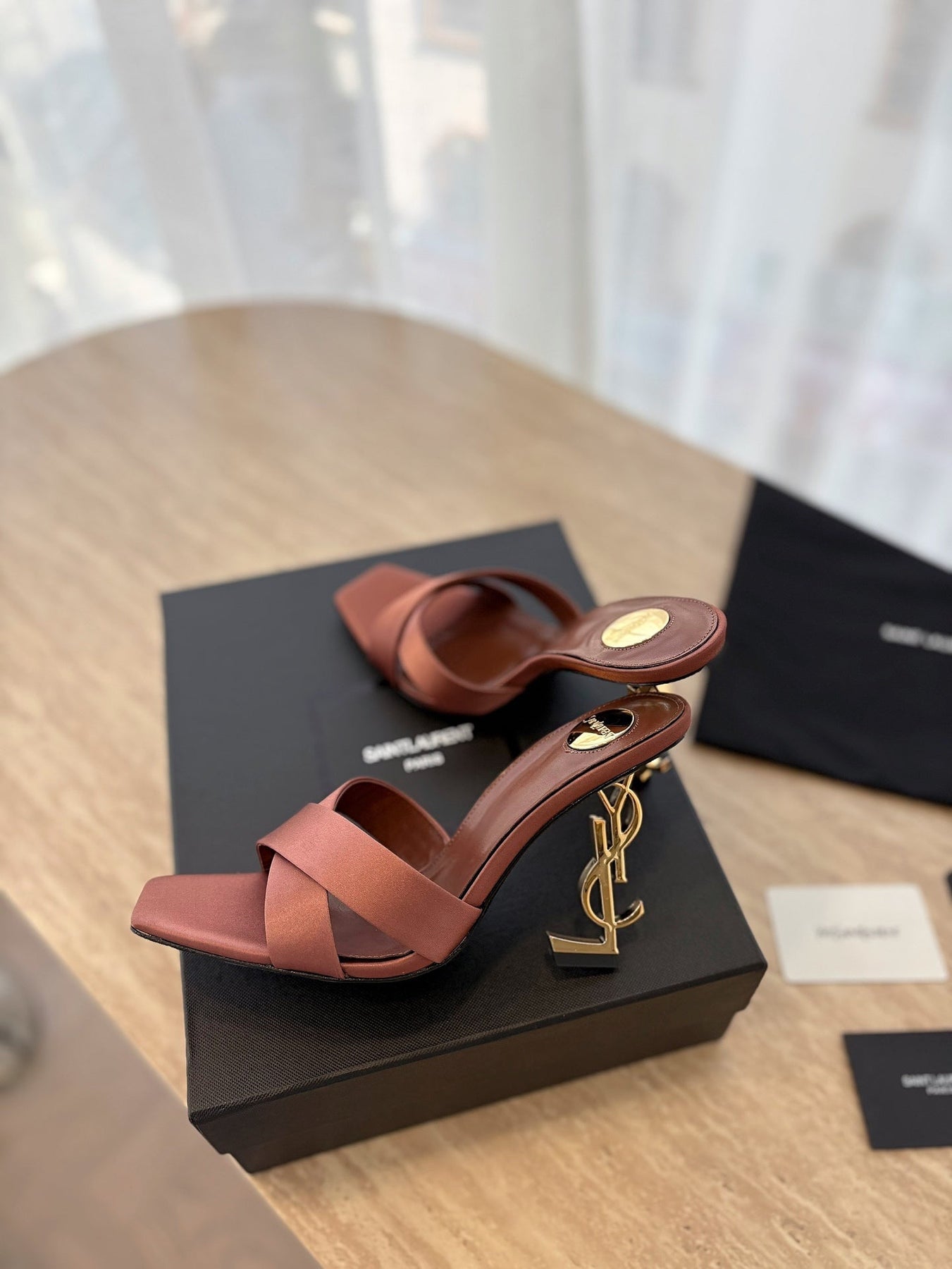 OPYUM OPEN TOE HIGH 10 CM MULES IN MARS RED CALFSKIN