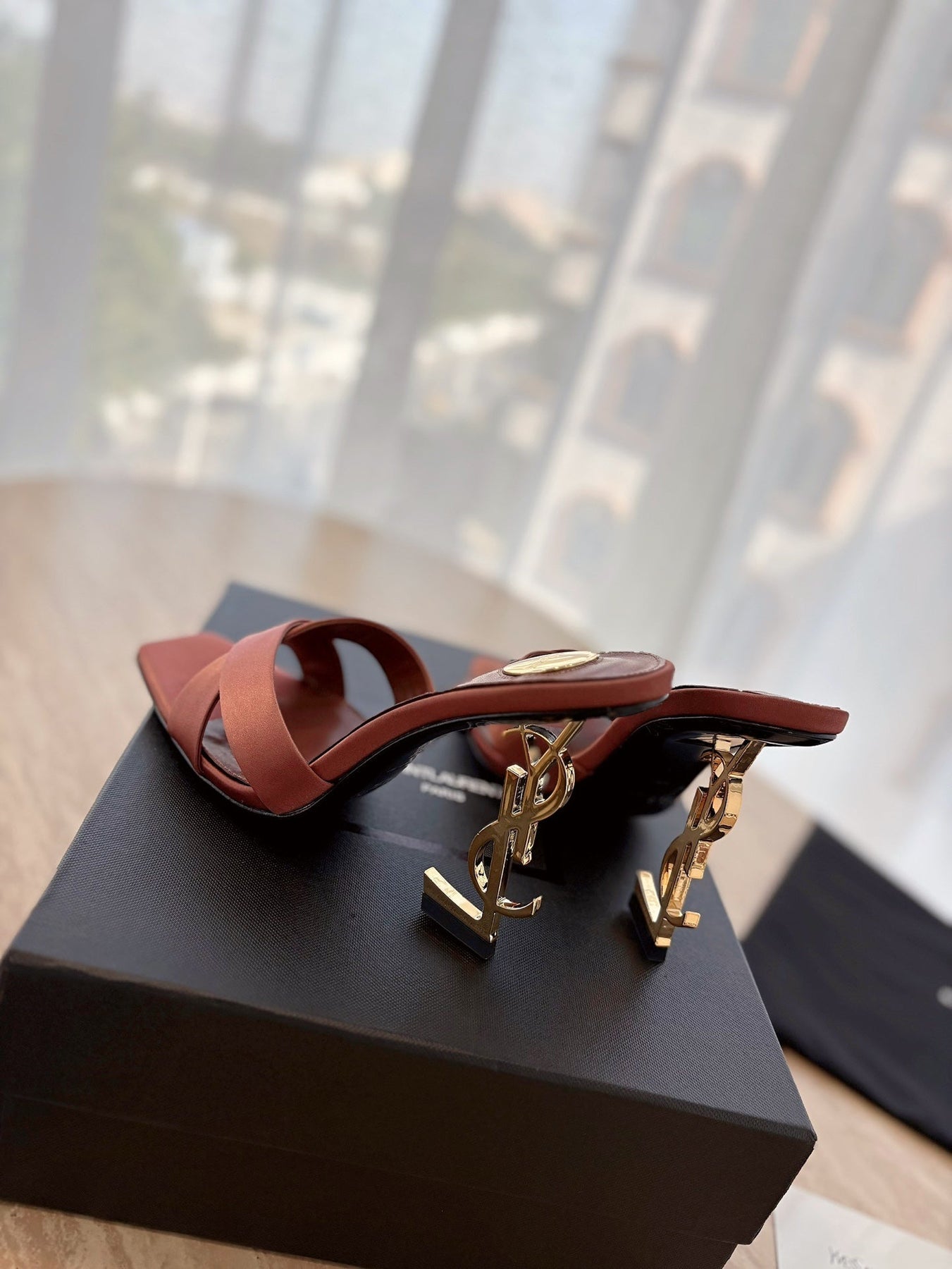 OPYUM OPEN TOE HIGH 10 CM MULES IN MARS RED CALFSKIN