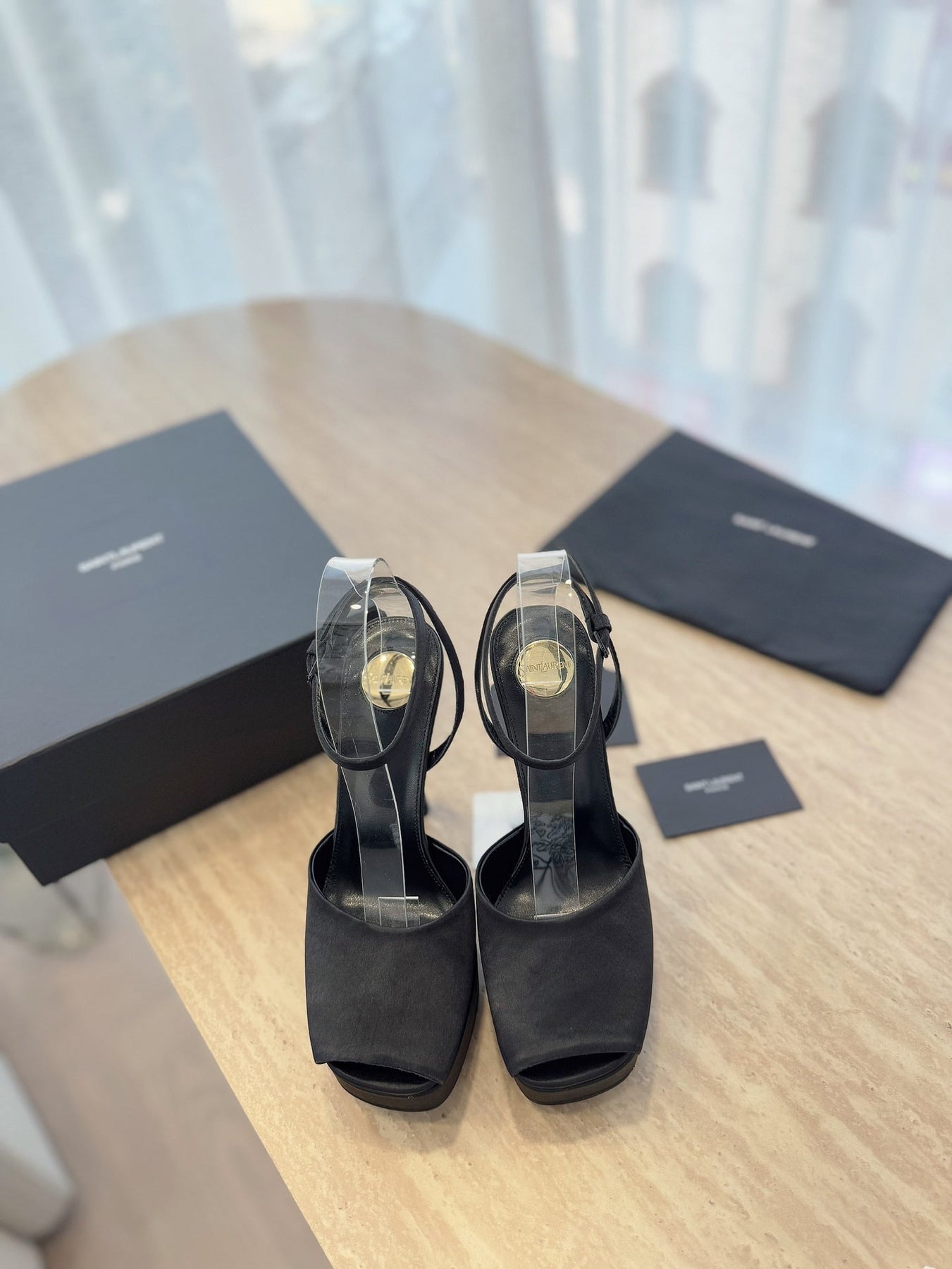 LA SCANDALE HIGH 14 CM PLATFORM SANDALS IN BLACK SATIN CREPE