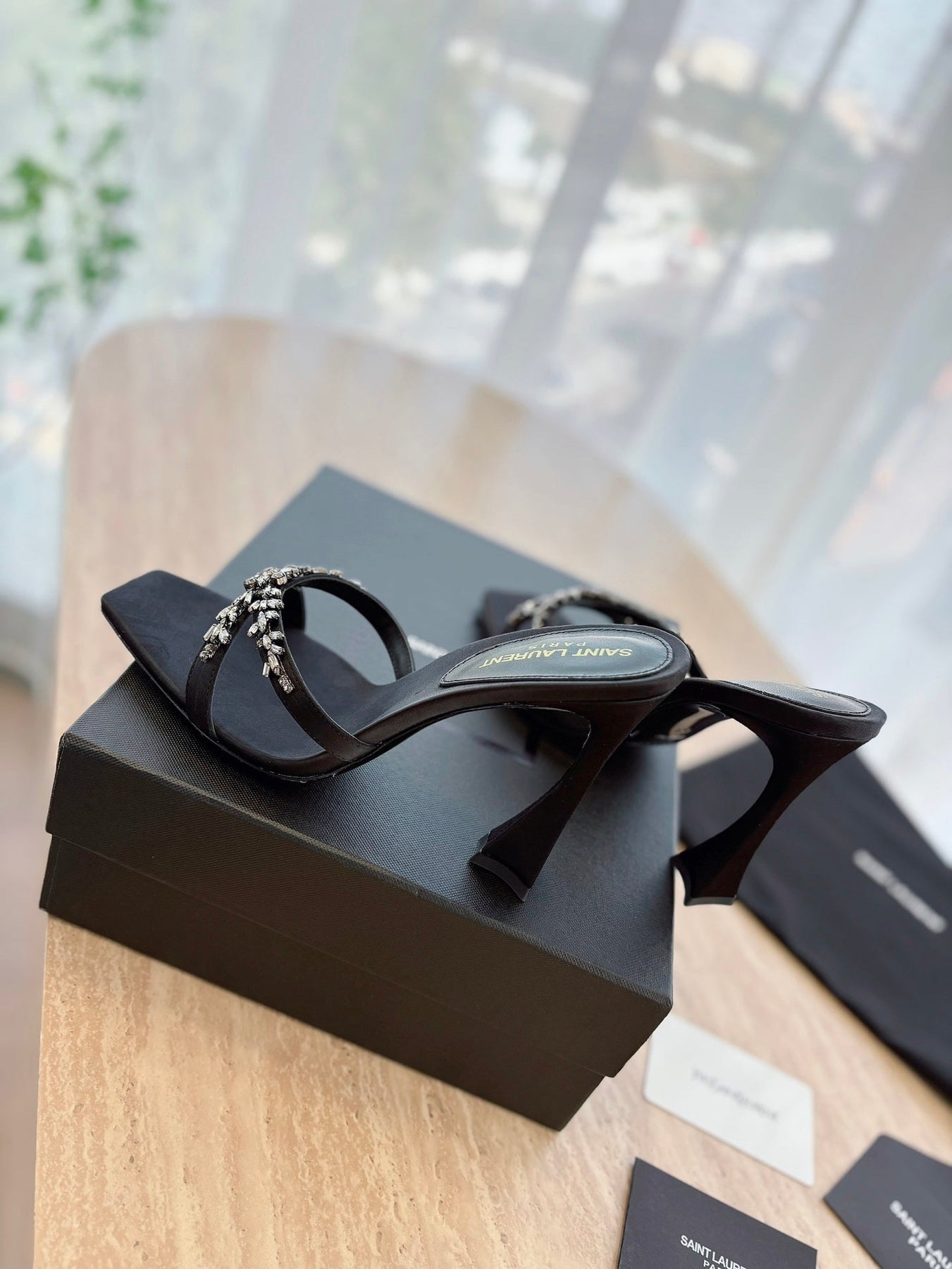 RAV HIGH HEEL 10 CM EMBELLISHED BLACK SATIN MULES