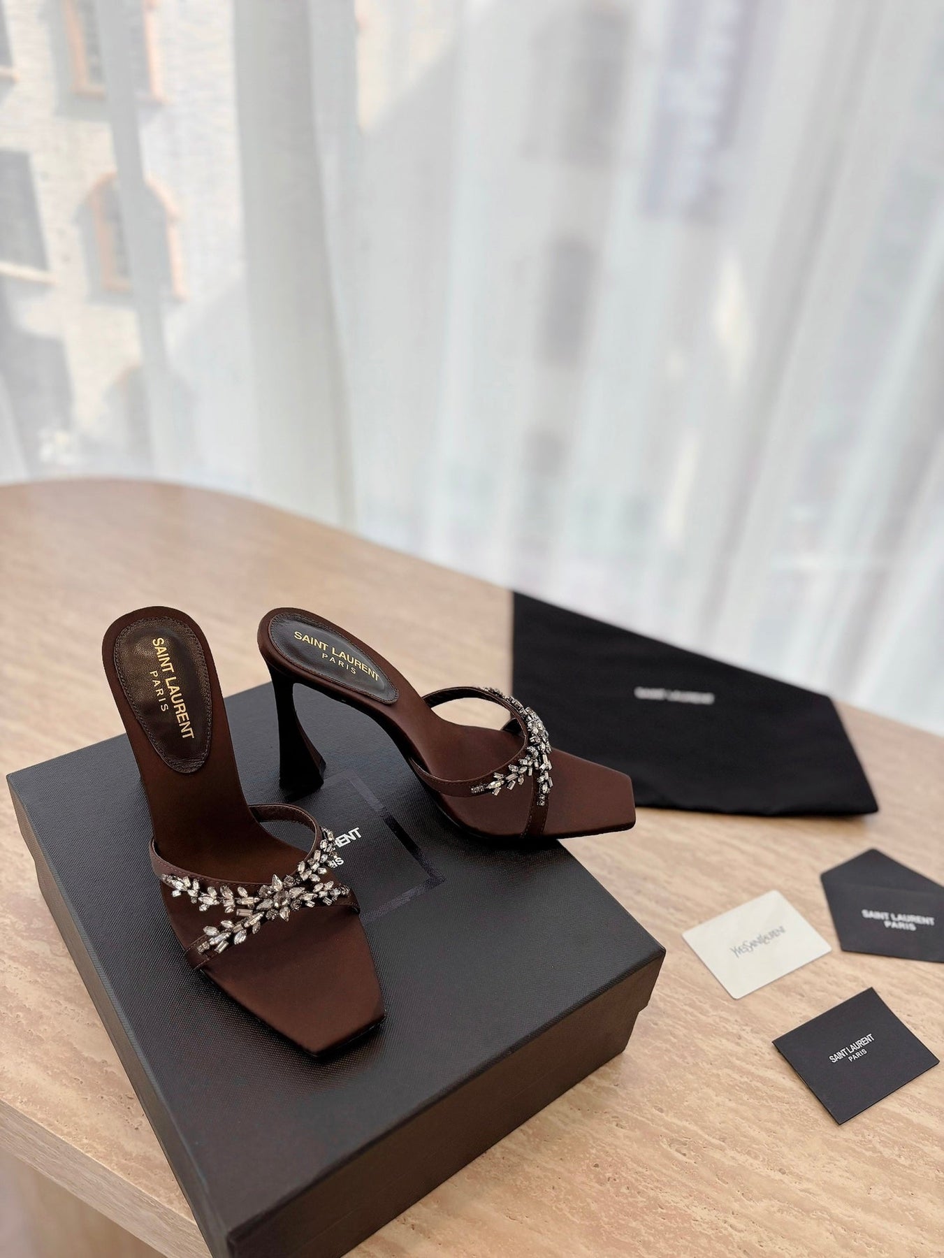 RAV HIGH HEEL 10 CM EMBELLISHED CHOCOLATE BROWN SATIN MULES