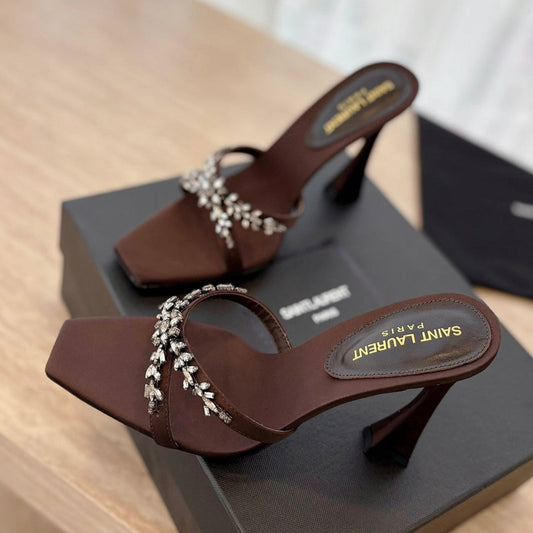 RAV HIGH HEEL 10 CM EMBELLISHED CHOCOLATE BROWN SATIN MULES