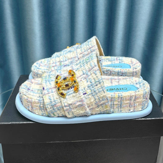 PLATFORM HEELS SANDALS IN LIGHT BLUE TWEED