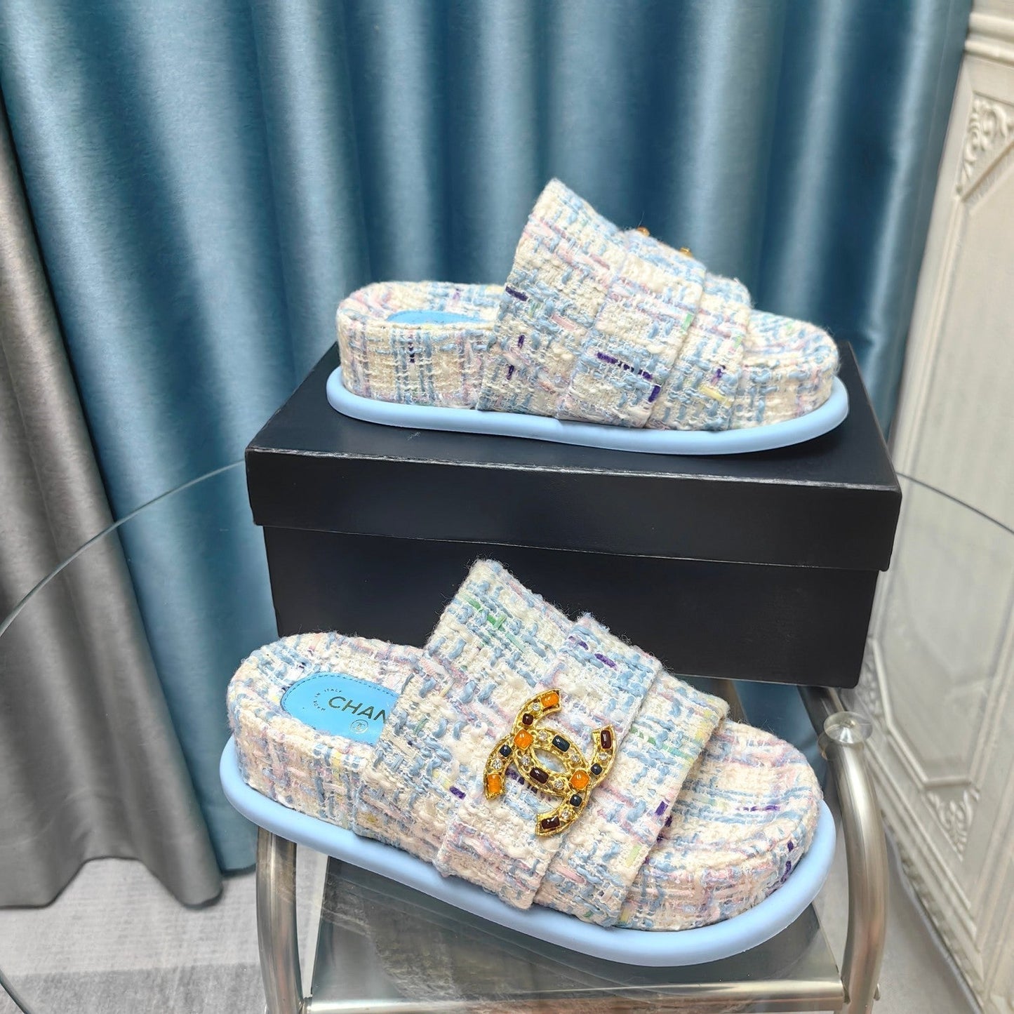 PLATFORM HEELS SANDALS IN LIGHT BLUE TWEED