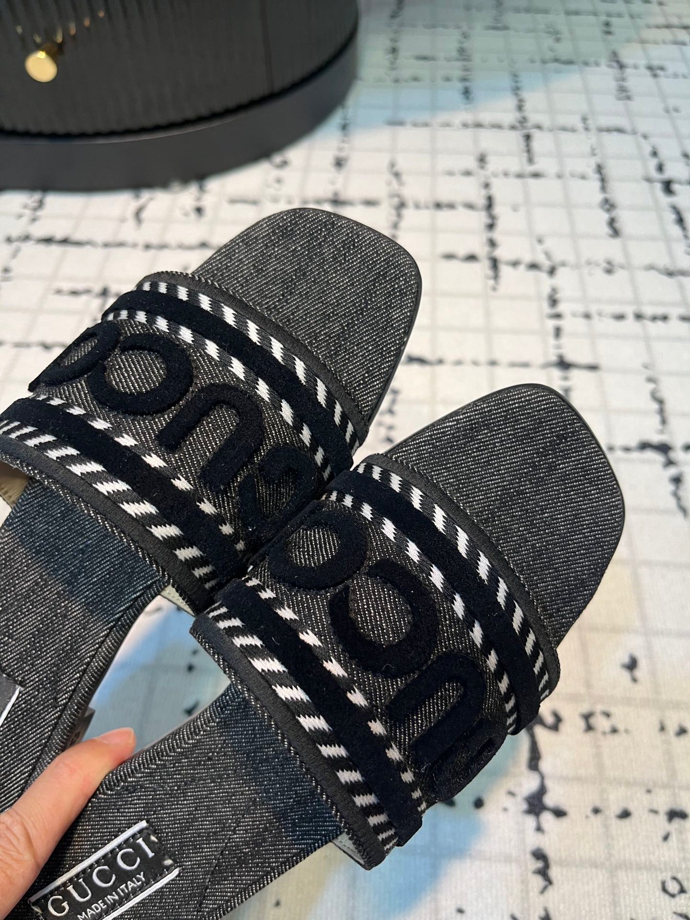 GG SLIDE SANDAL WITH GUCCI SCRIPT BLACK DENIM