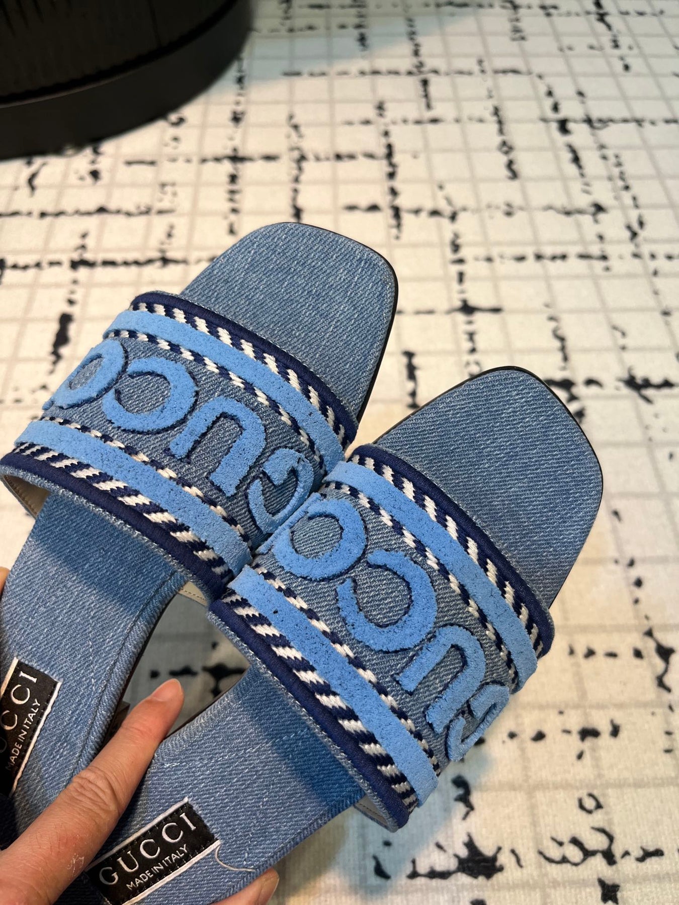 GG SLIDE SANDAL WITH GUCCI SCRIPT TEAL DENIM