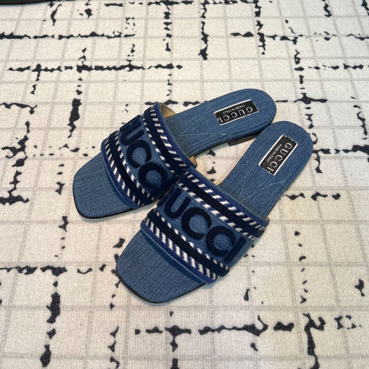 GG SLIDE SANDAL WITH GUCCI SCRIPT AEGEAN DENIM