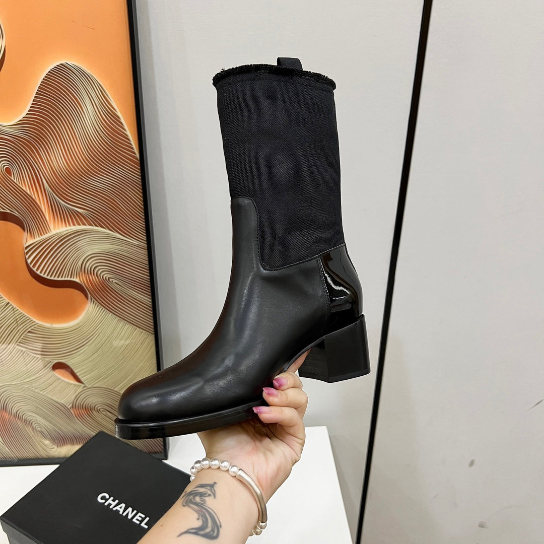 HIGH BOOTS 5.5 CM IN BLACK LAMBSKIN AND FABRIC