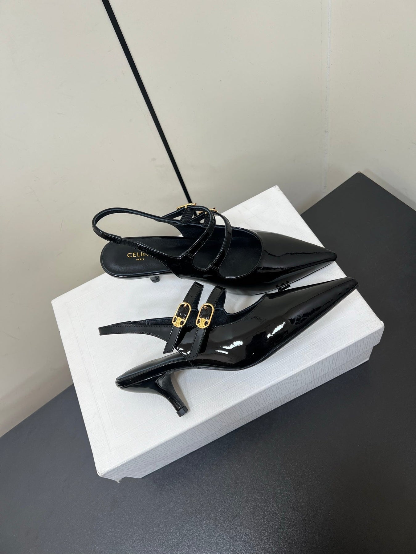 JUDY DOUBLE STRAP MARY JANE SLINGBACK IN BLACK PATENT CALFSKIN