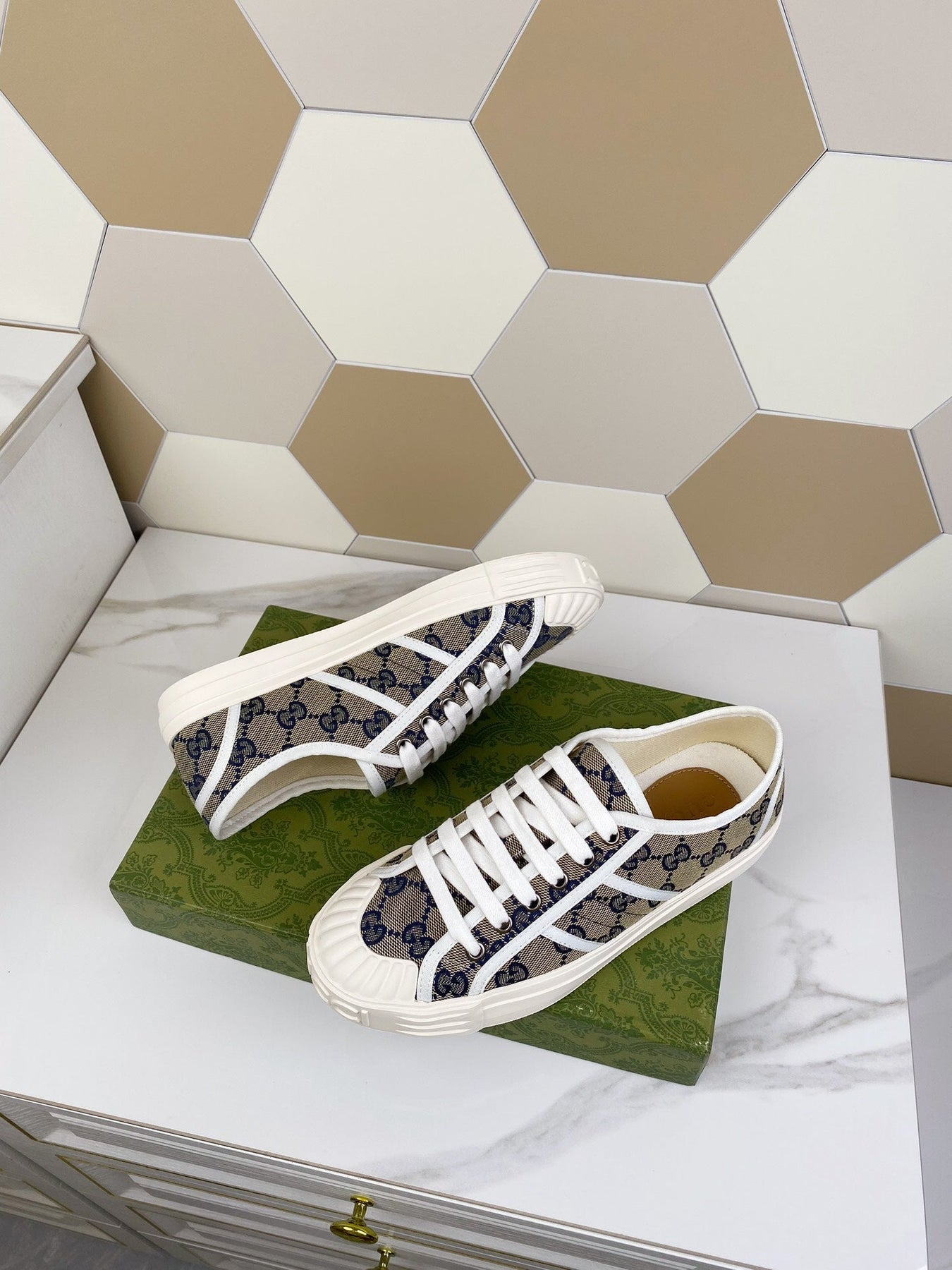 GG JULIO SNEAKER WITH WEB NAVY PATTERNED CANVAS