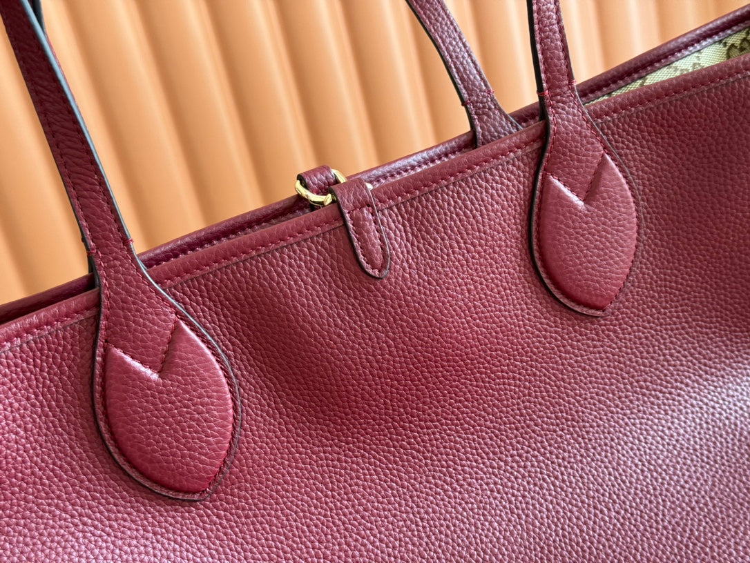 MEDIUM TOTISSIMA REVERSIBLE TOTE BAG 30 IN ROSSO ANCORA RED CALFSKIN BEIGE AND BROWN GG CANVAS ON SIDE