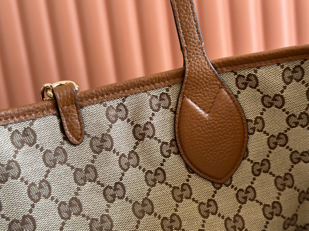 MEDIUM TOTISSIMA REVERSIBLE TOTE BAG 30 IN BROWN CALFSKIN BEIGE AND BROWN GG CANVAS ON SIDE