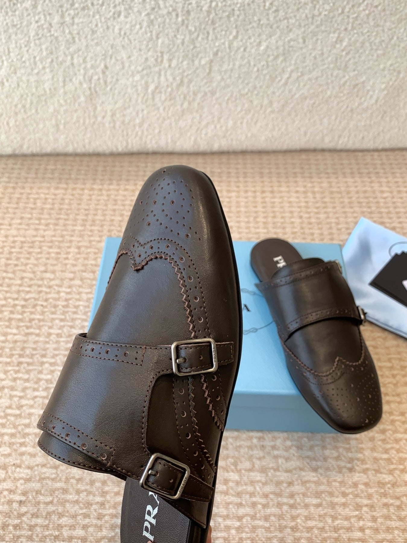 DOUBLE MONK MULES IN WALNUT BROWN CALFSKIN