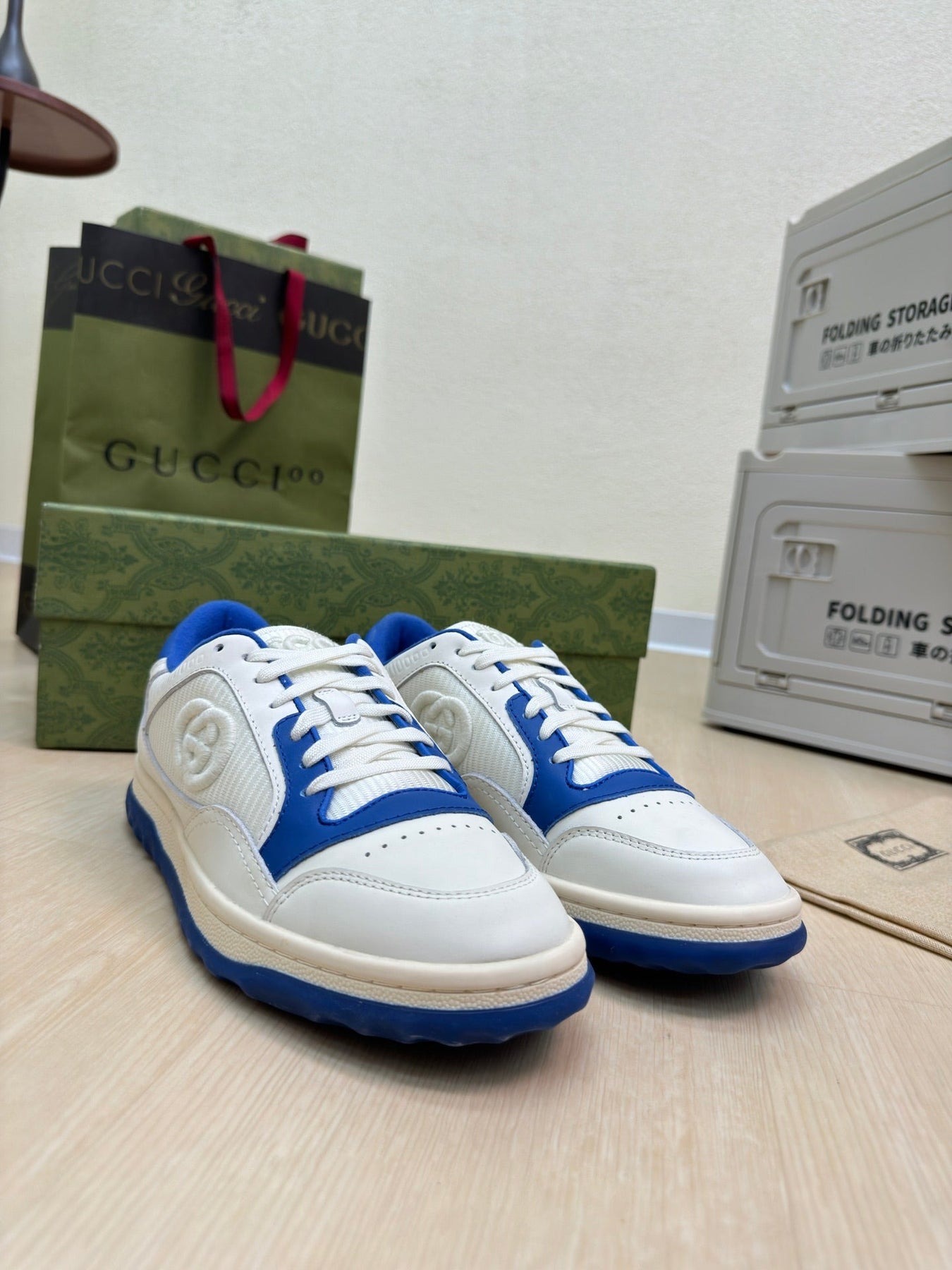 GG INTERLOCKING G SNEAKER BLUE WHITE CALFSKIN AND FABRIC