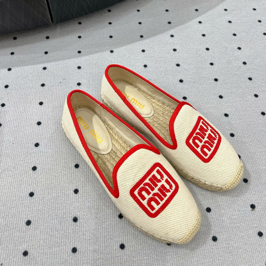 Loafer Shoes Ivory With Red Border Fabric Linen