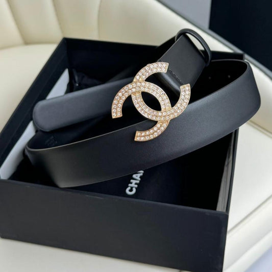 CC BELT 30MM IN BLACK SMOOTH CALFSKIN GOLD HARDWARE ATTACH RHINSTONES