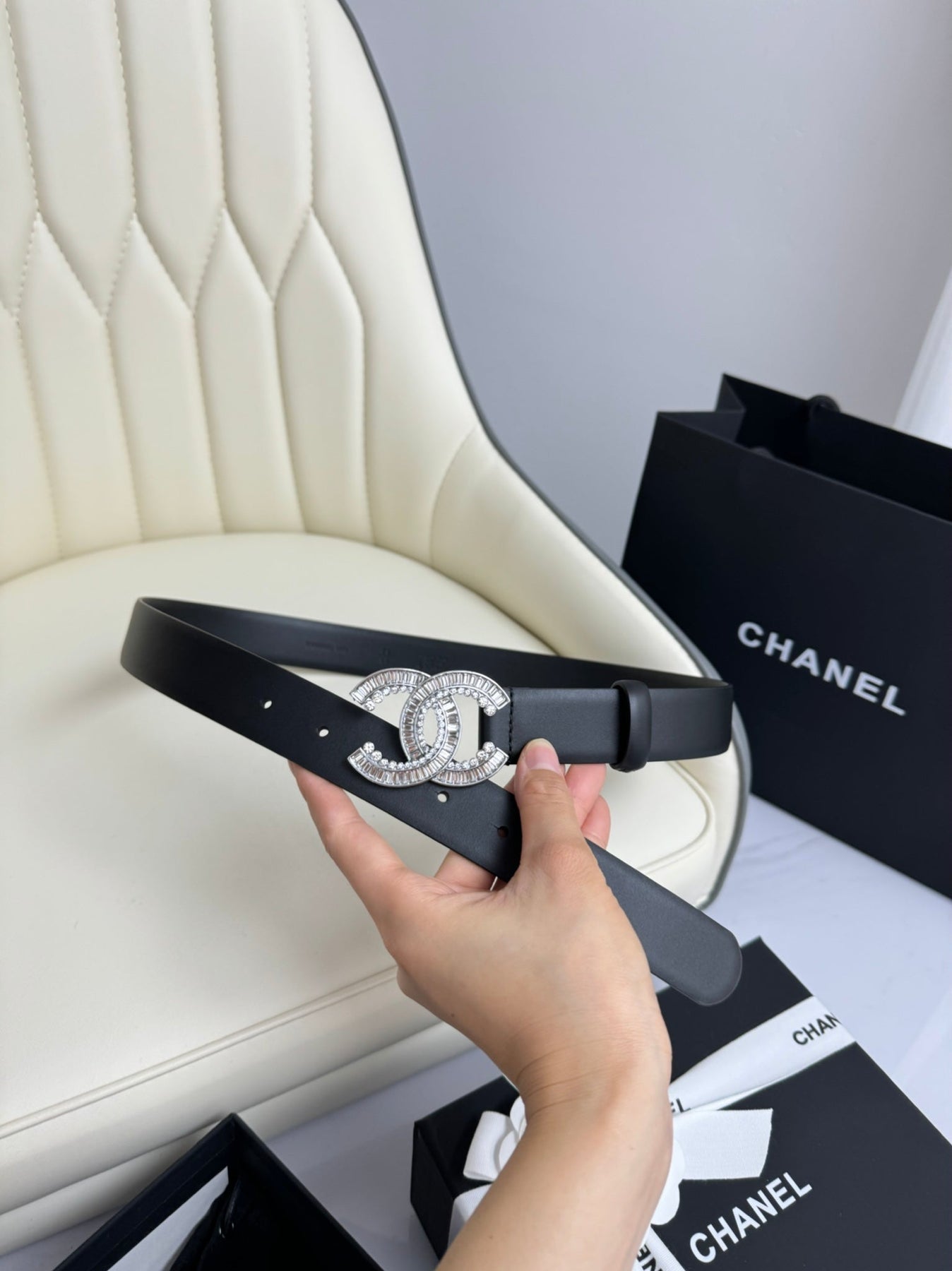 CC BELT 30MM IN BLACK SMOOTH CALFSKIN SILVER HARDWARE ATTACH RHINSTONE