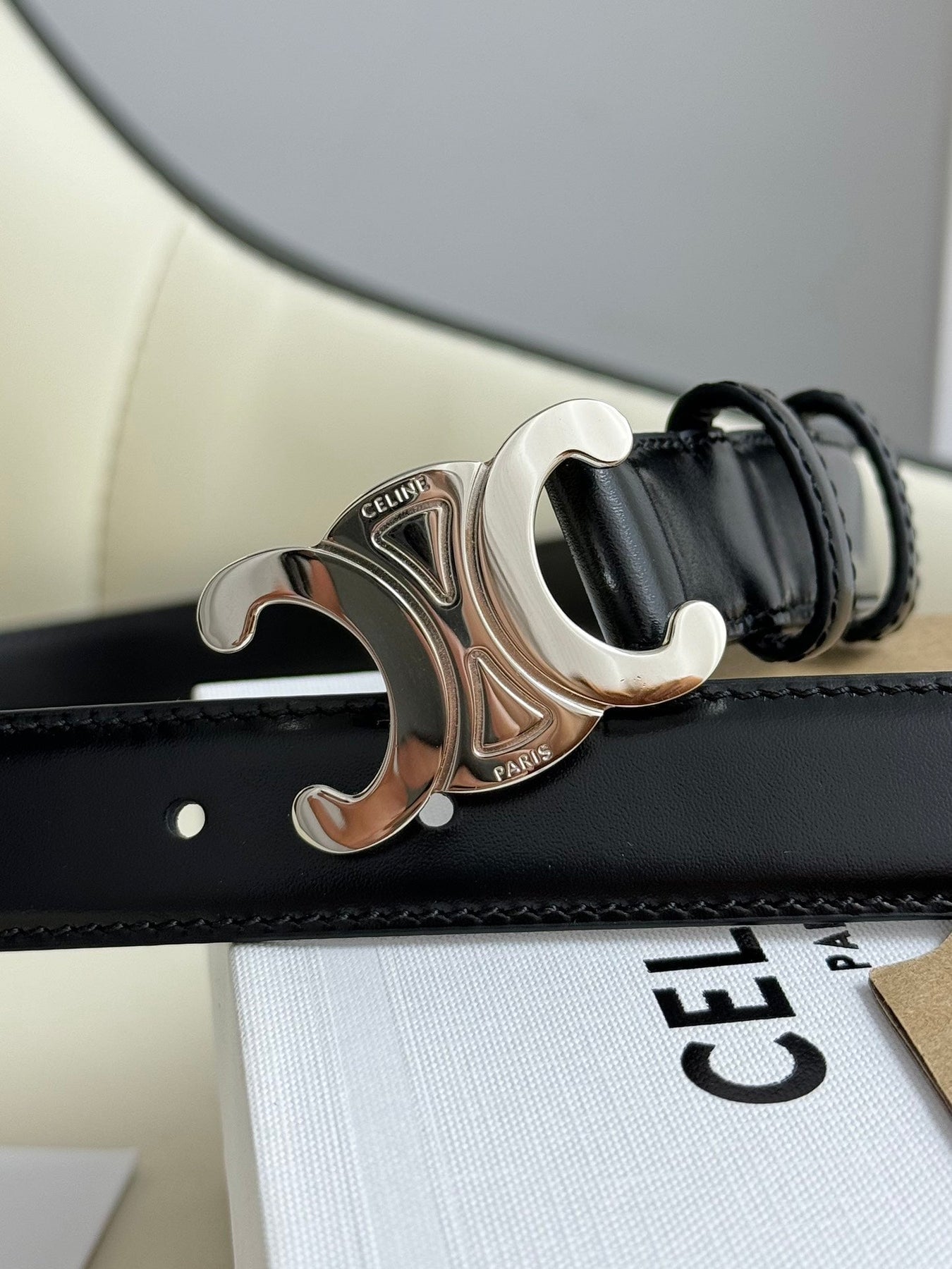 MEDIUM TRIOMPHE BELT 25MM BLACK LEATHER SILVER HARDWARE