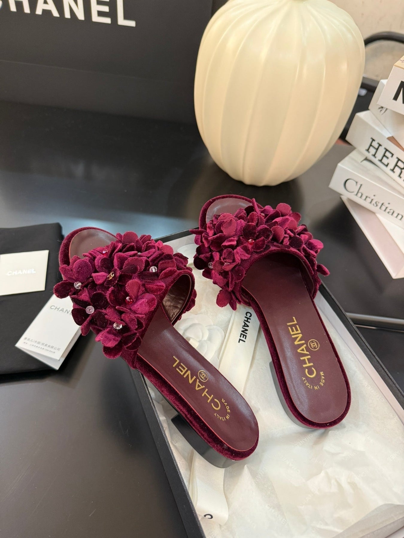 FLAT MULE 15 MM IN PLUM PURPLE VELVET