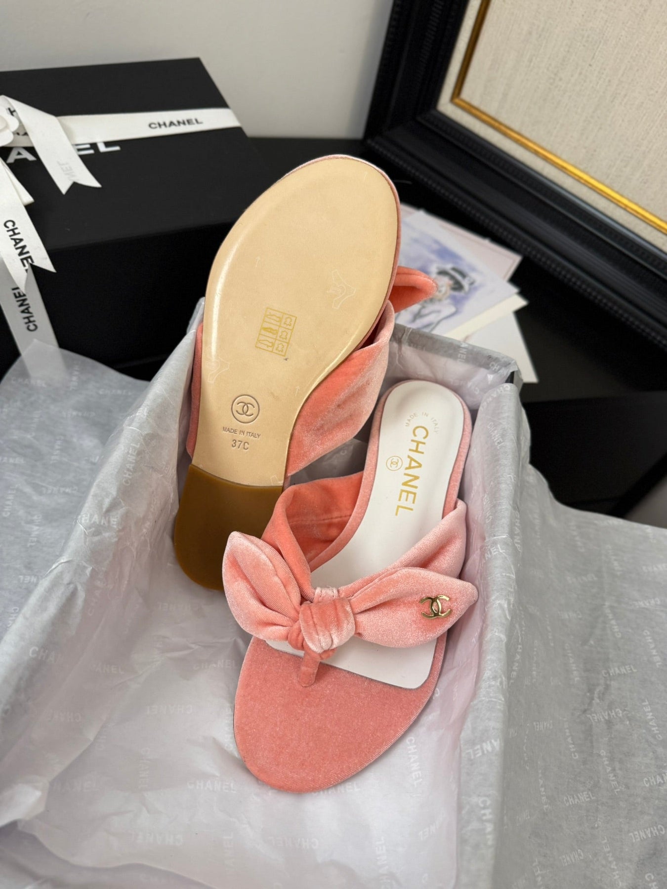 CC 25C Thong Sandal Bow Pink Velvet fabric 233567