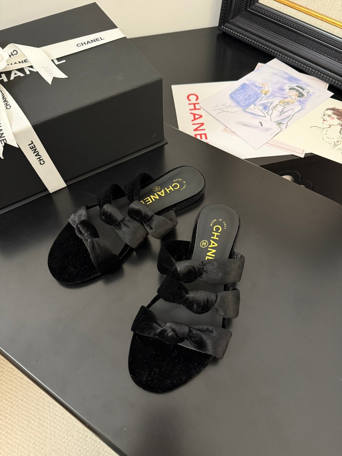 CC 25C Three Strap Mule Black Velvet fabric 233559