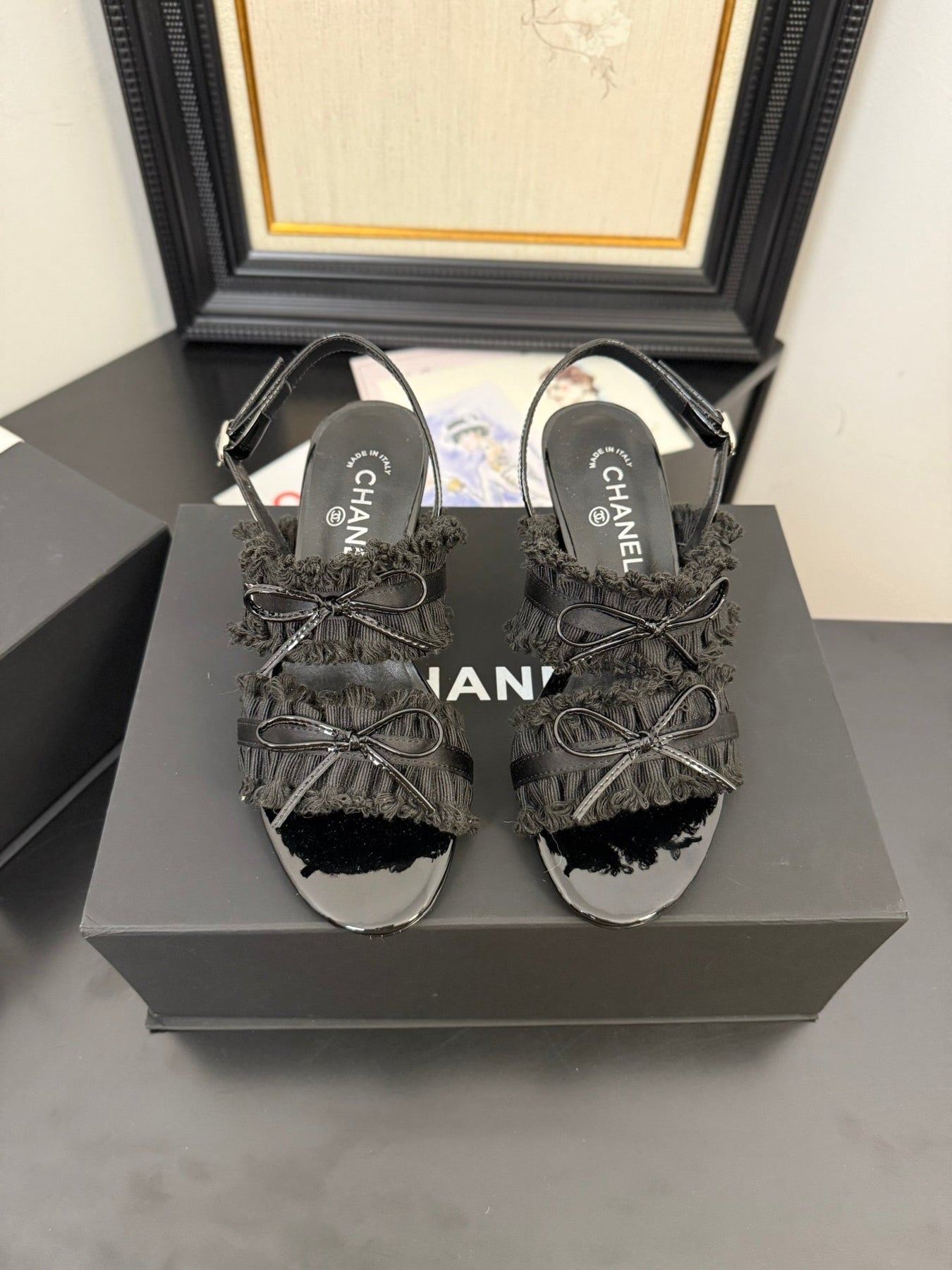 BLACK GROSGRAIN CANVAS BOW SLINGBACK SANDALS 65 MM