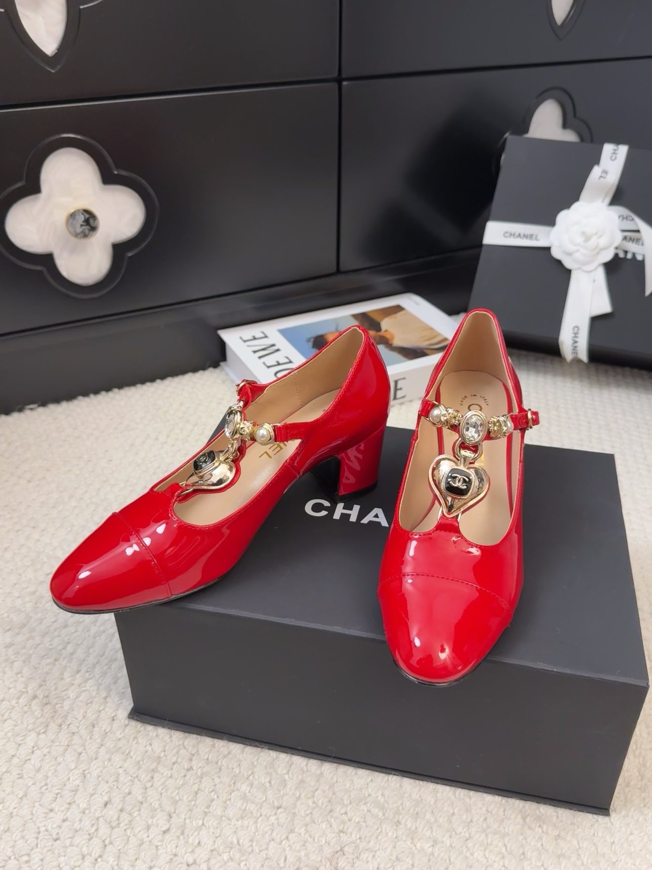 MARY JANE SHOES IN RUBY RED PATENT CALFSKIN 55 MM