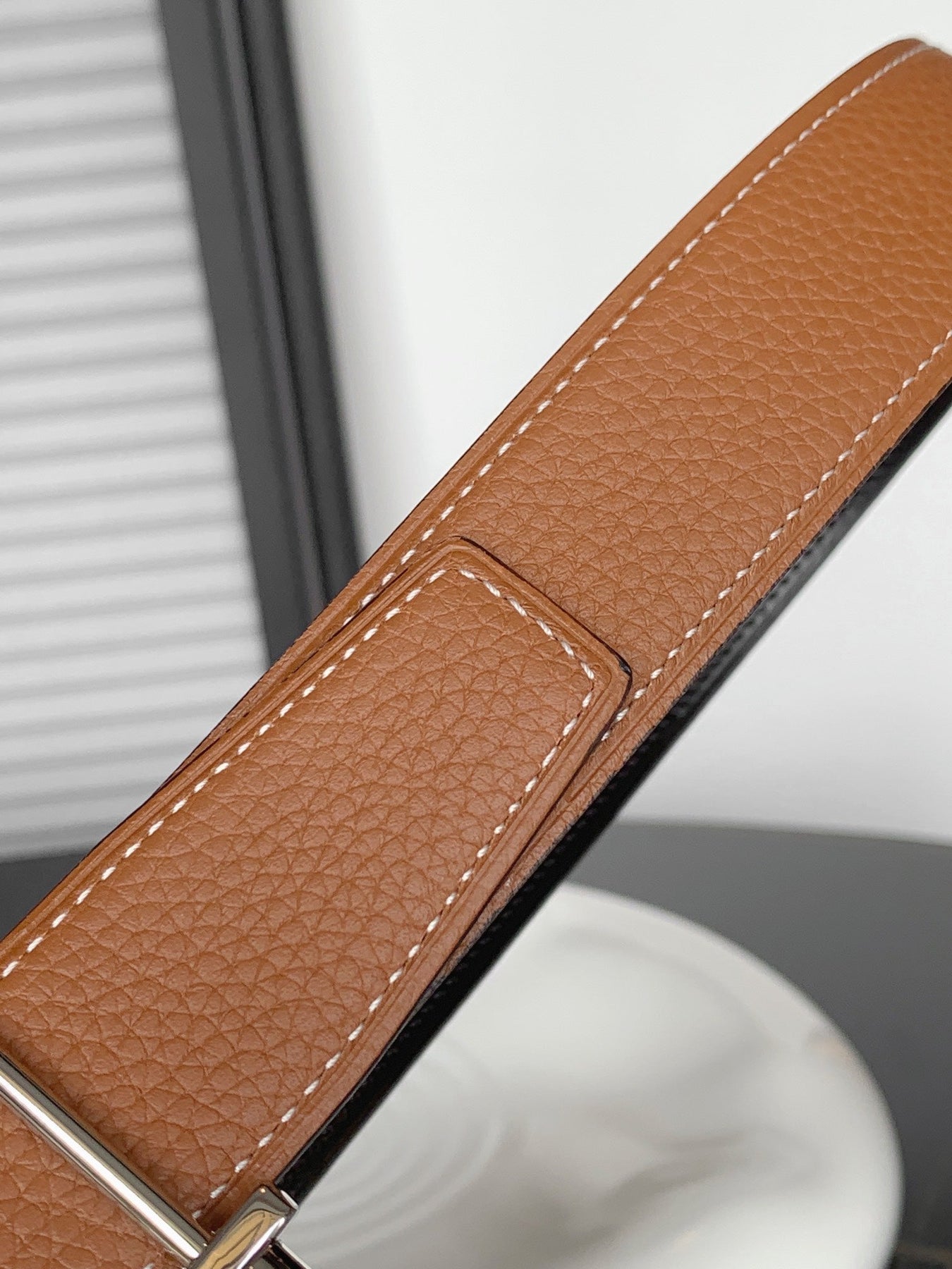 HM REVERSIBLE BLACK AND BRONZE BROWN LEATHER STRAP 32 MM SILVER HARDWARE