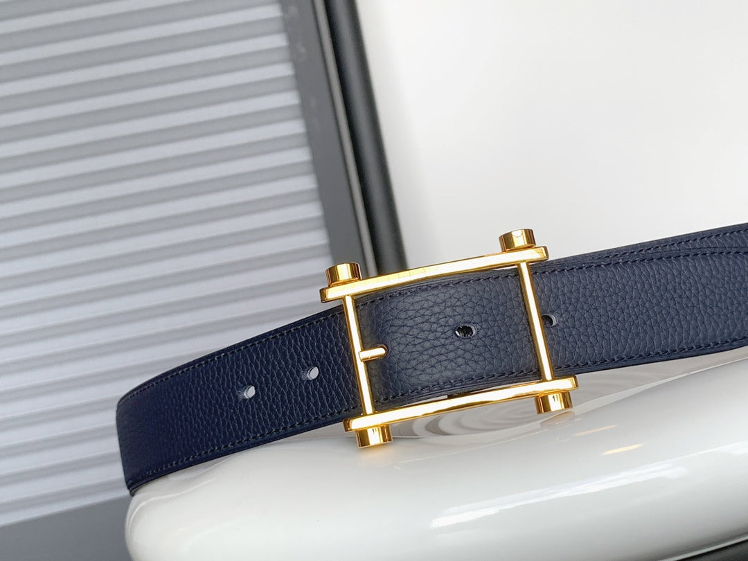 HM REVERSIBLE NAVY BLUE LEATHER STRAP 32 MM GOLD HARDWARE
