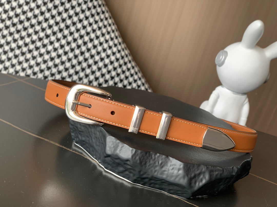 BELT 25MM MEDIUM WESTERN IN BROWN CALFSKIN SILVER BUCKLE