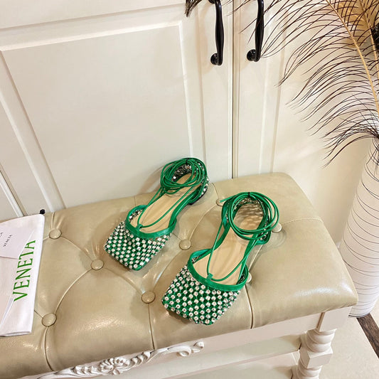LACE-UP FLAT SANDAL IN COOL GREEN METALLIZED MESH AND LEATHER WITH RHINSTONES