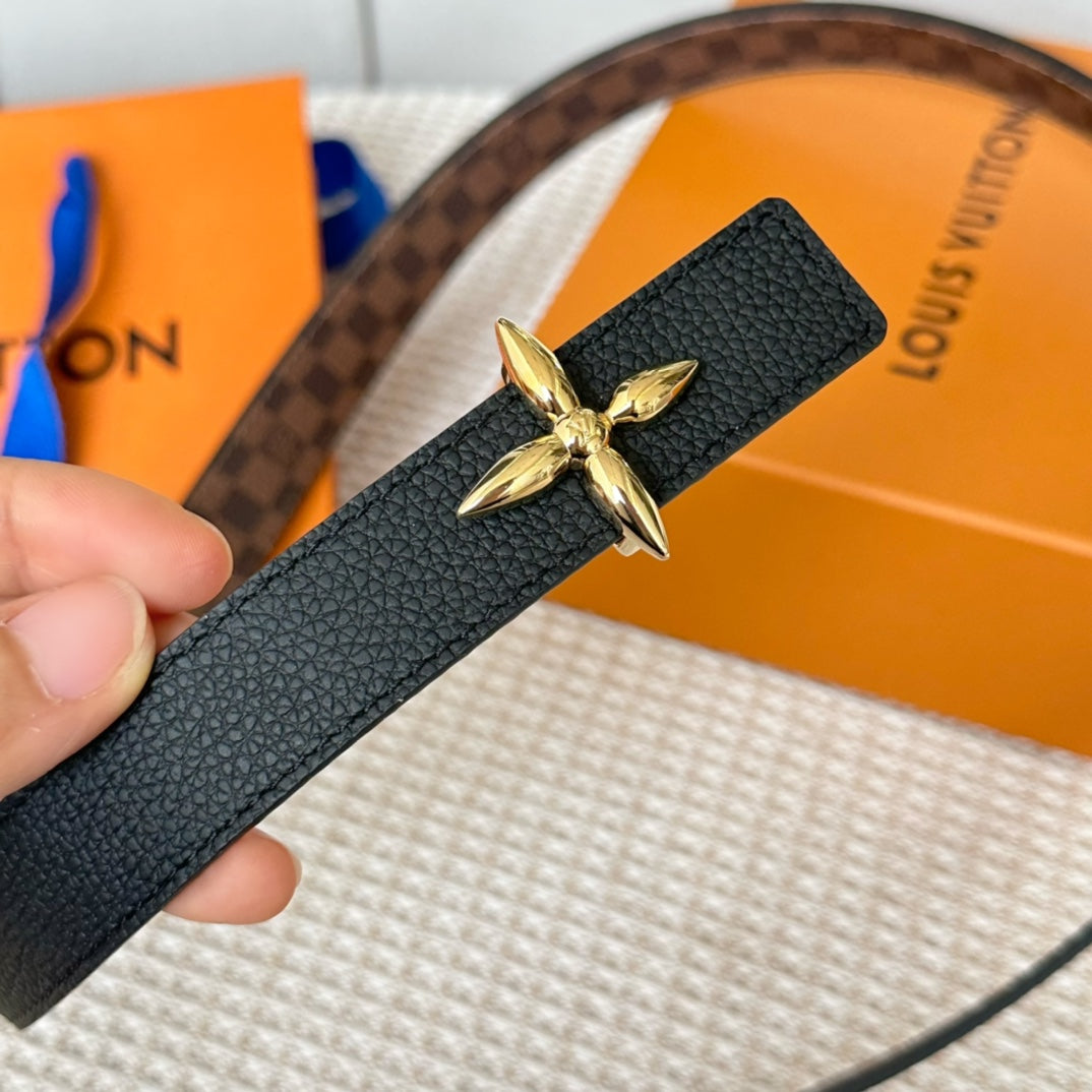 LV FLOWERGRAM 25 MM REVERSIBLE BELT IN BROWN DAMIER CALFSKIN GOLD HARDWARE