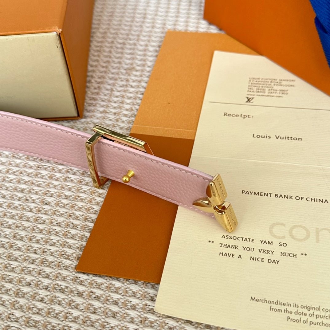 PRETTY LV 30MM REVERSIBLE BELT IN LIGHT PINK CALFSKIN GOLD HARDWARE