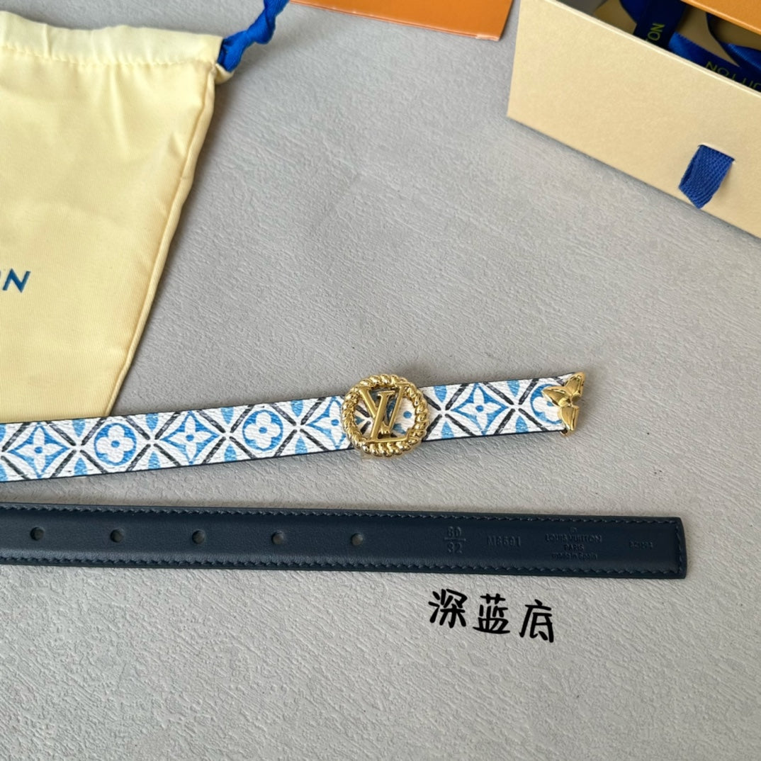 PRETTY LV 20MM REVERSIBLE BELT WHITE AND BLUE CALFSKIN GOLD HARDWARE