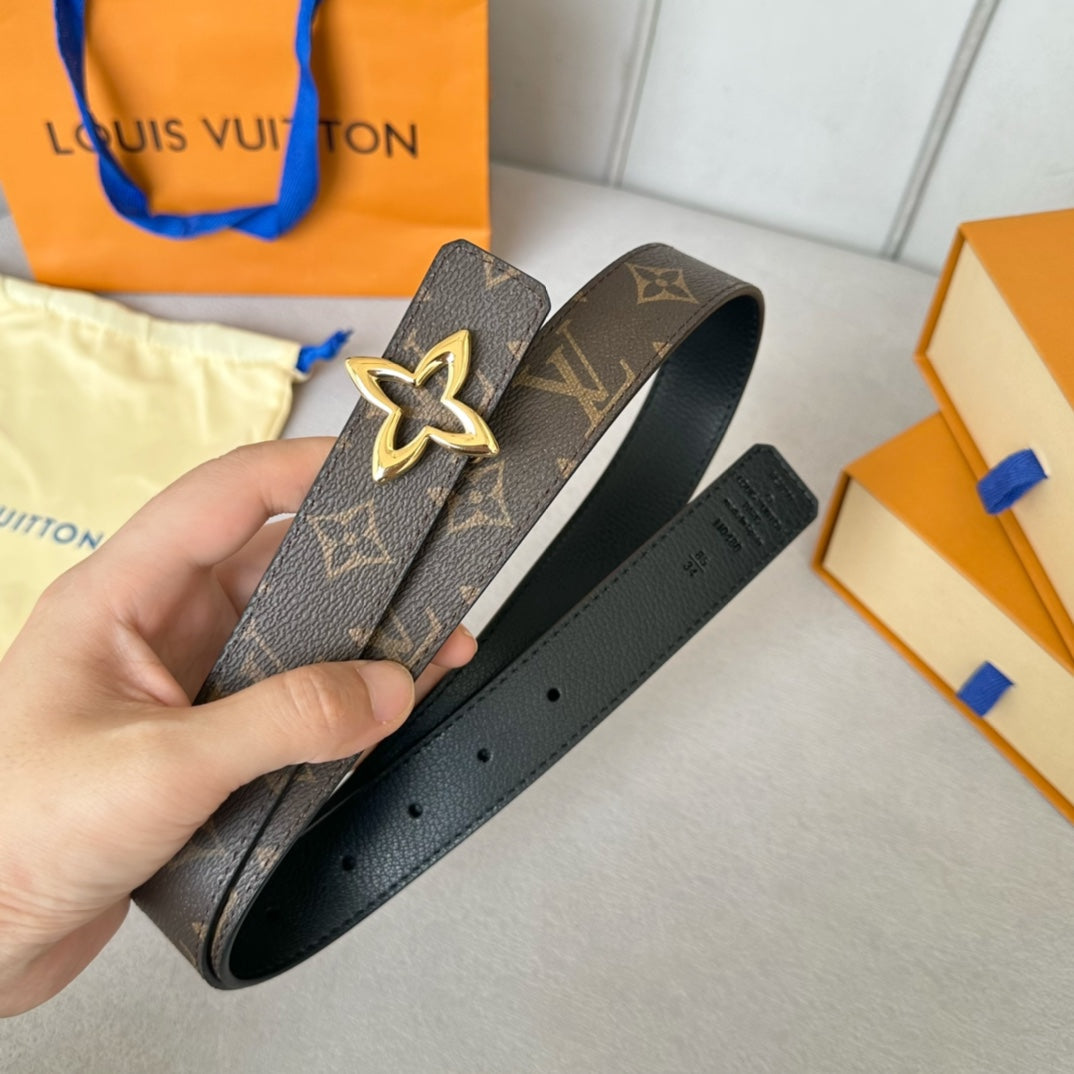 LV  MINI FLOWERGRAM 30MM REVERSIBLE BELT IN BLACK CALFSKIN GOLD HARDWARE